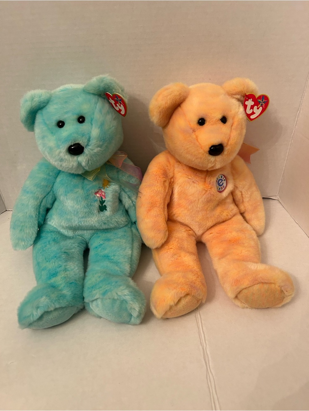 Ty Beanie Baby Plush Bears - Teal and Peach Pair